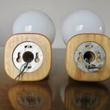 Pair of Scandinavian wall lights in pine and white opaline, 1980s.