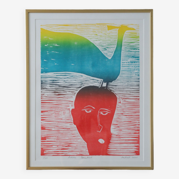 Michael Casford, Professor Brainbird, Color Woodcut, Framed