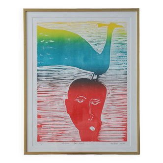 Michael Casford, Professor Brainbird, Color Woodcut, Framed