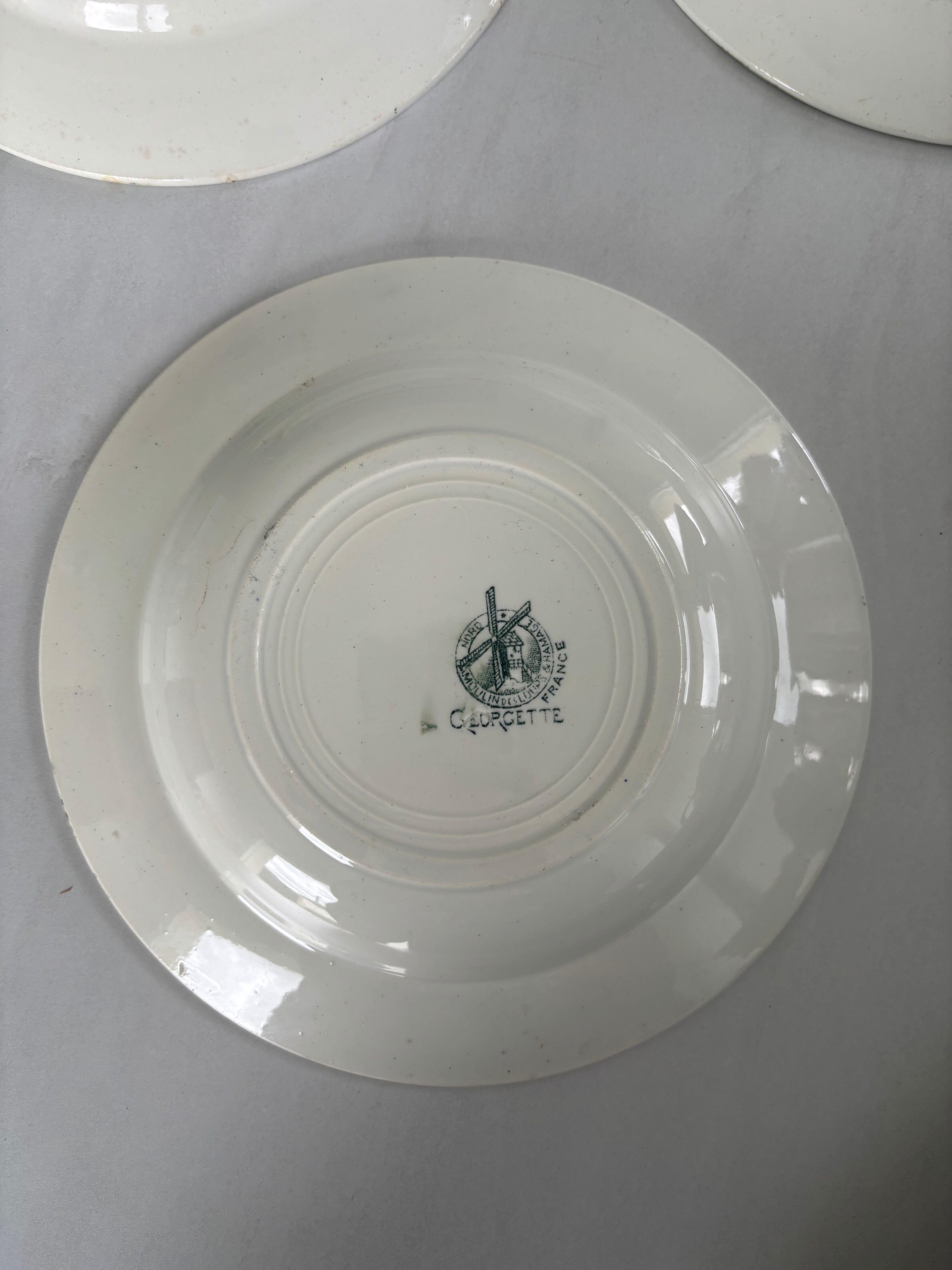 Set of 6 blue and green ironstone deep plates, French earthenware.