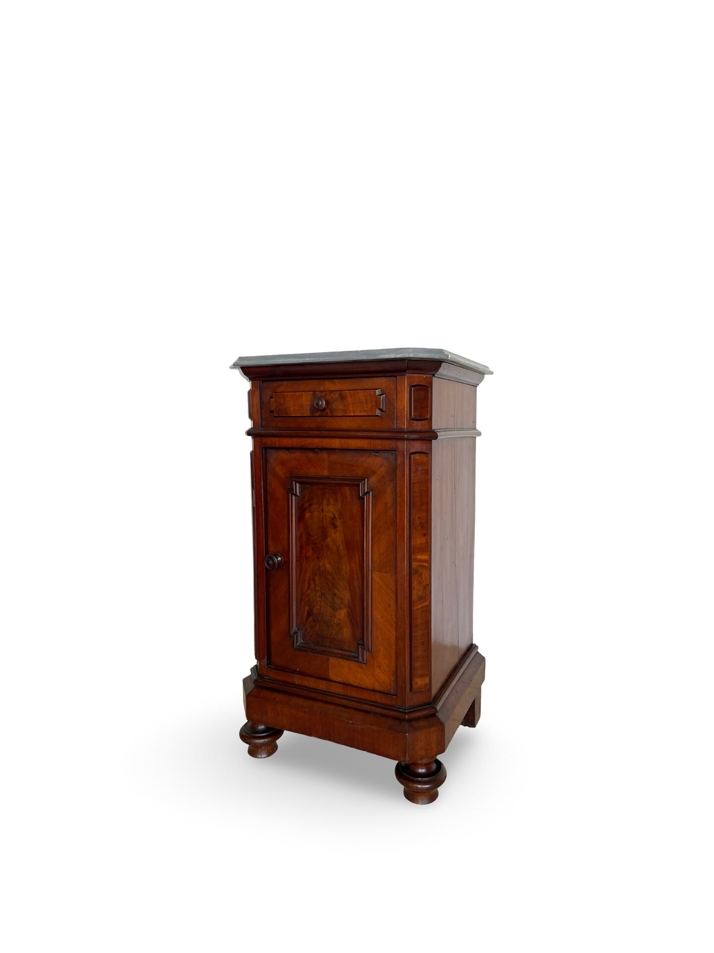 A pair of antique walnut bedside tables from the 1890s.