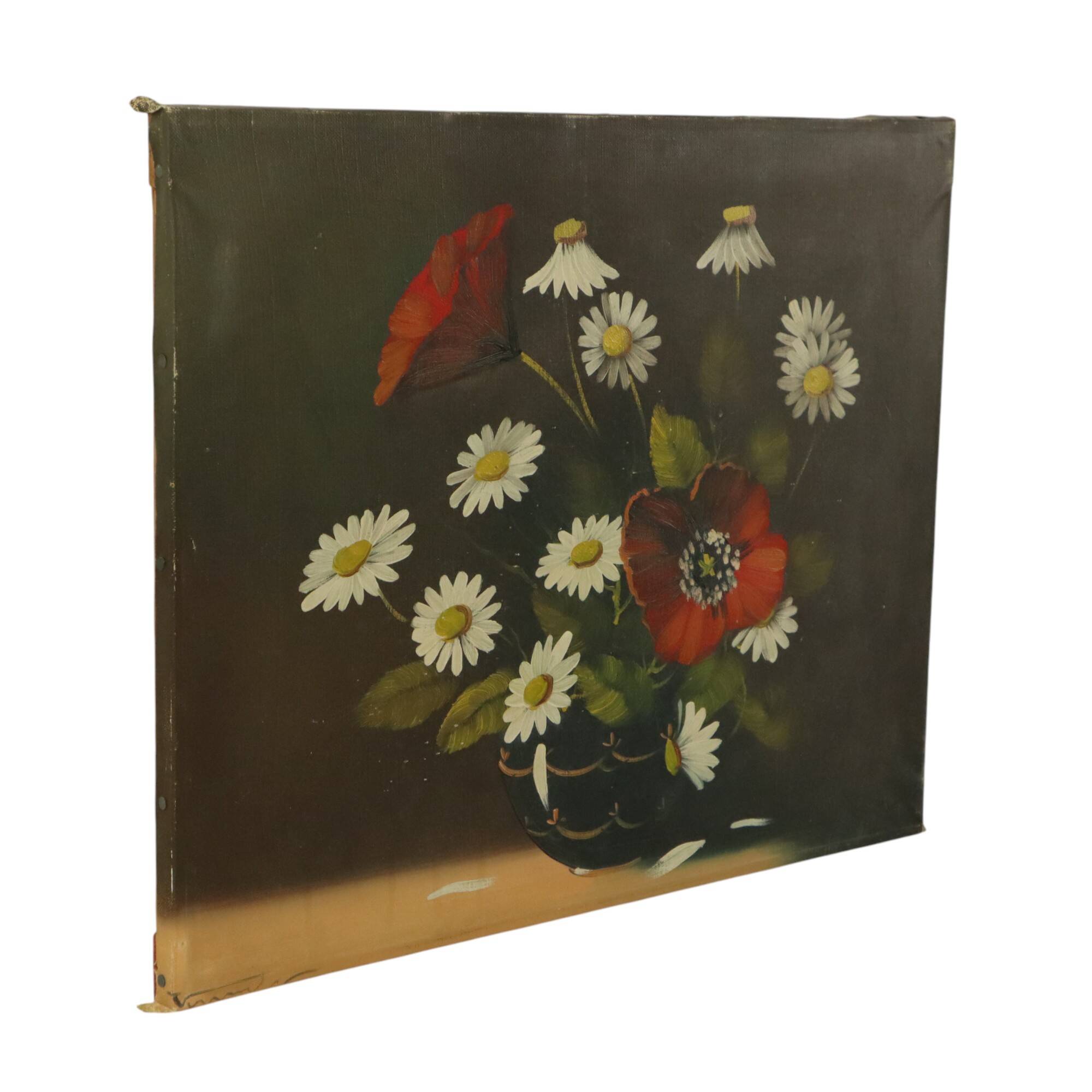 Flowers Still Life Painting Daisies Poppy Signed 47x38cm