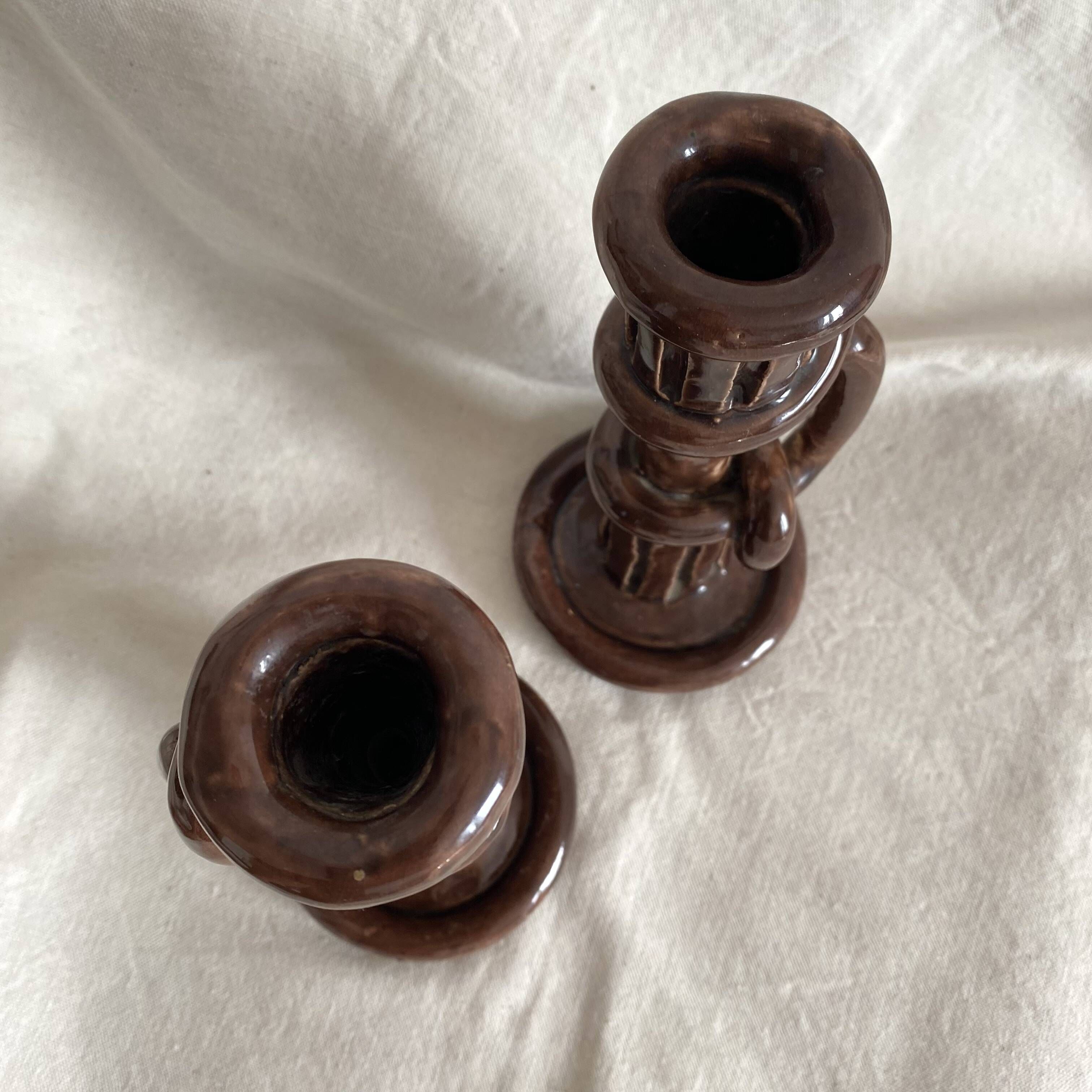 Pair of column candle holders in handmade ceramic