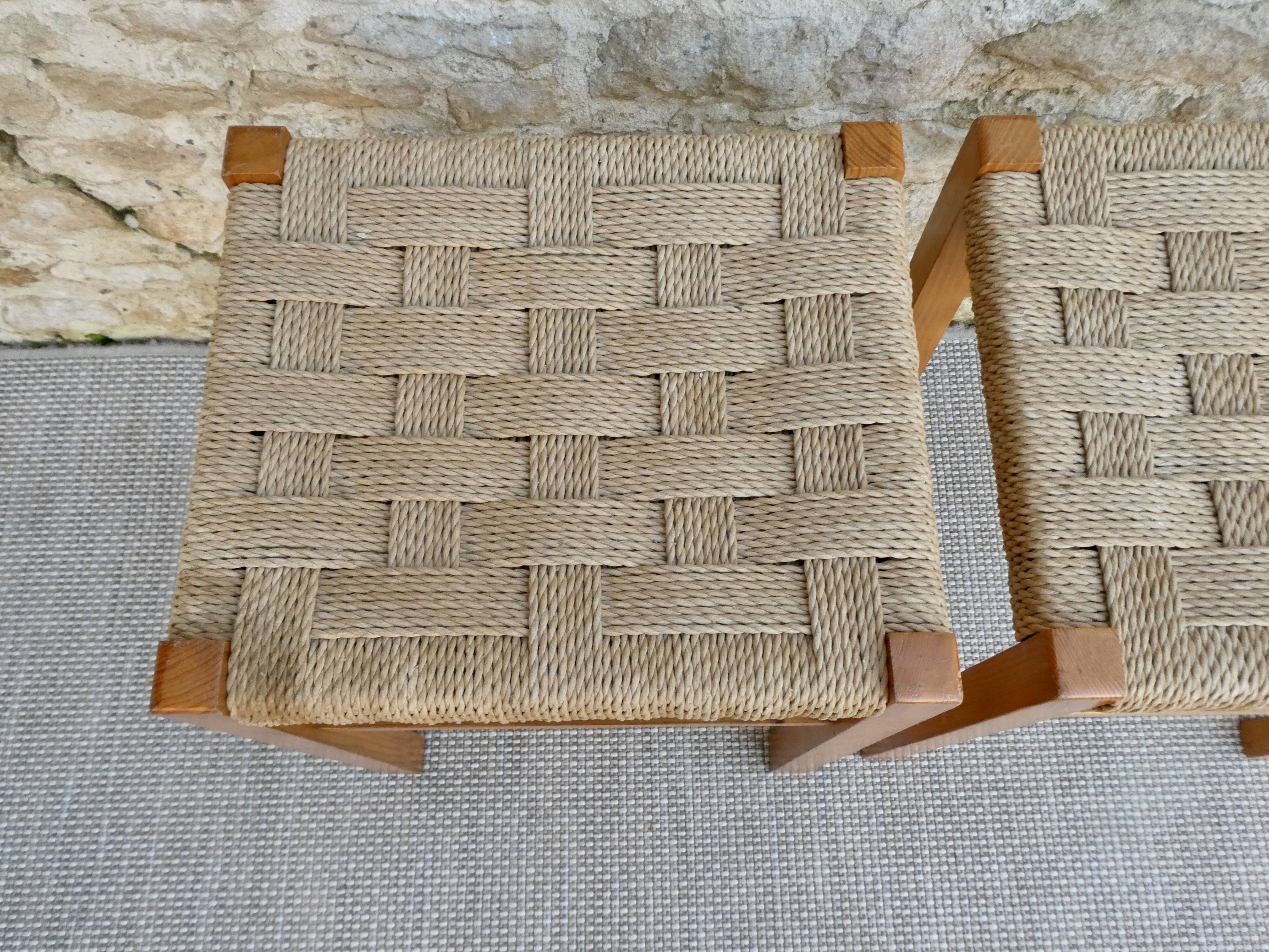 Pair of light wood stools and braided rope, 60s