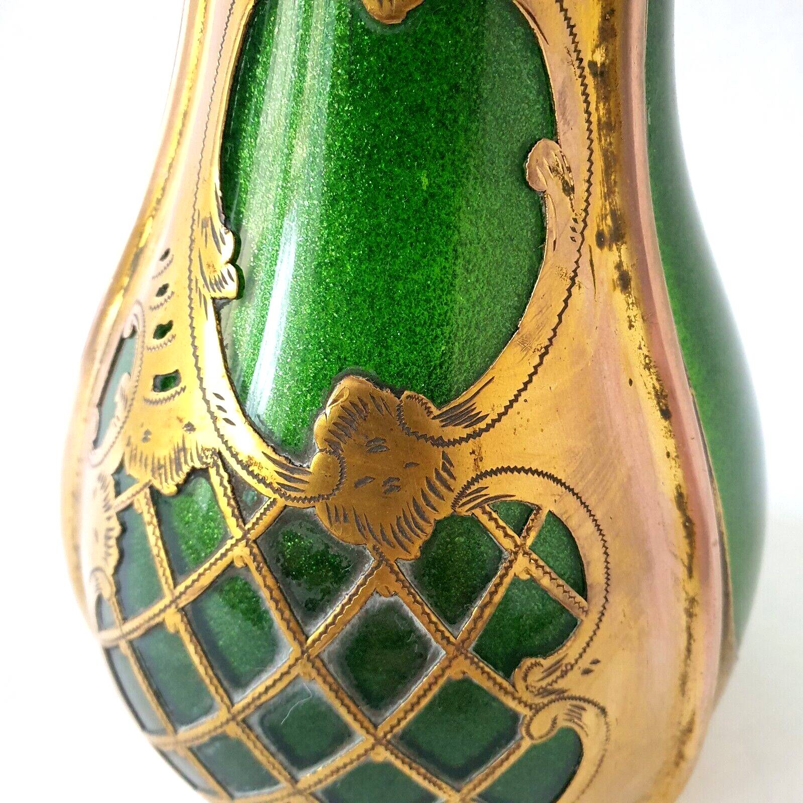 Soliflore vase legras imperial green copper decors enhanced with gold unsigned