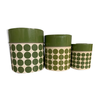 3 Metal boxes with green polka dots