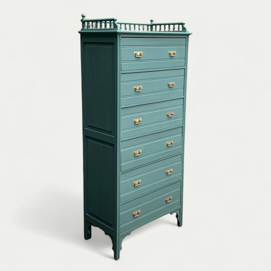 Old grey green high chest of drawers H160