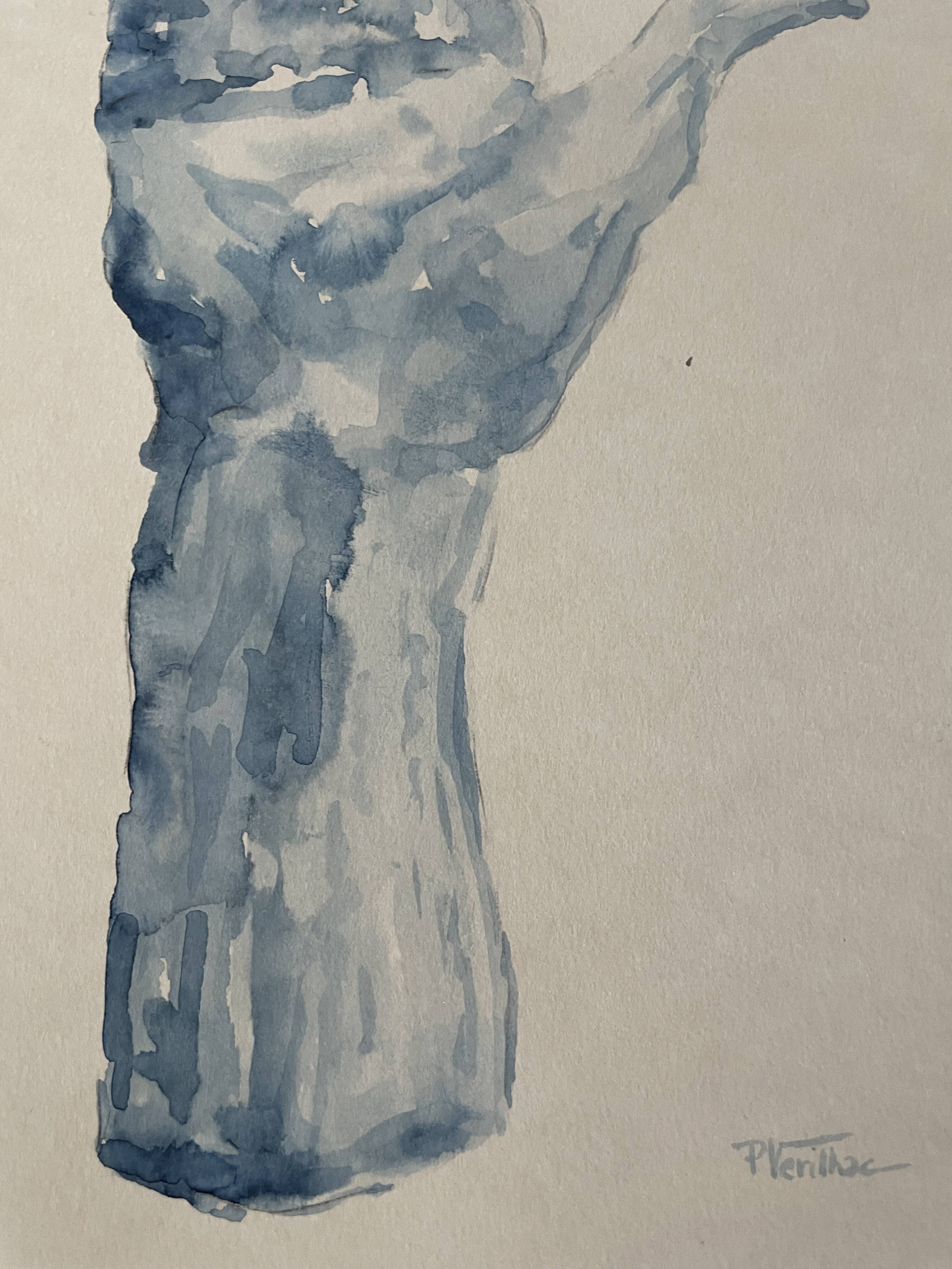 Painting signed blue monochrome watercolor study of the statue of Rodin “the hand reveals the man”