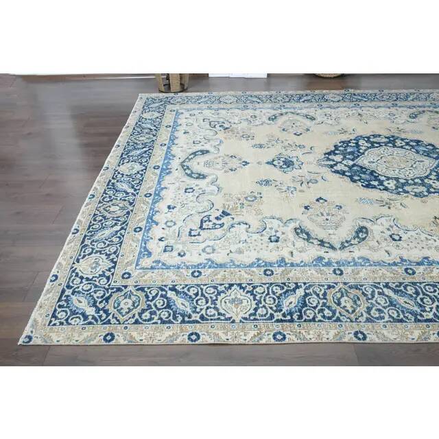1970s Vintage Persian Handmade Wool Cotton Beige Area Rug 294x398