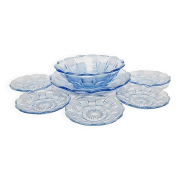 Art Deco azure dessert service from Niemen Glassworks, Poland, 1930s, set of 7