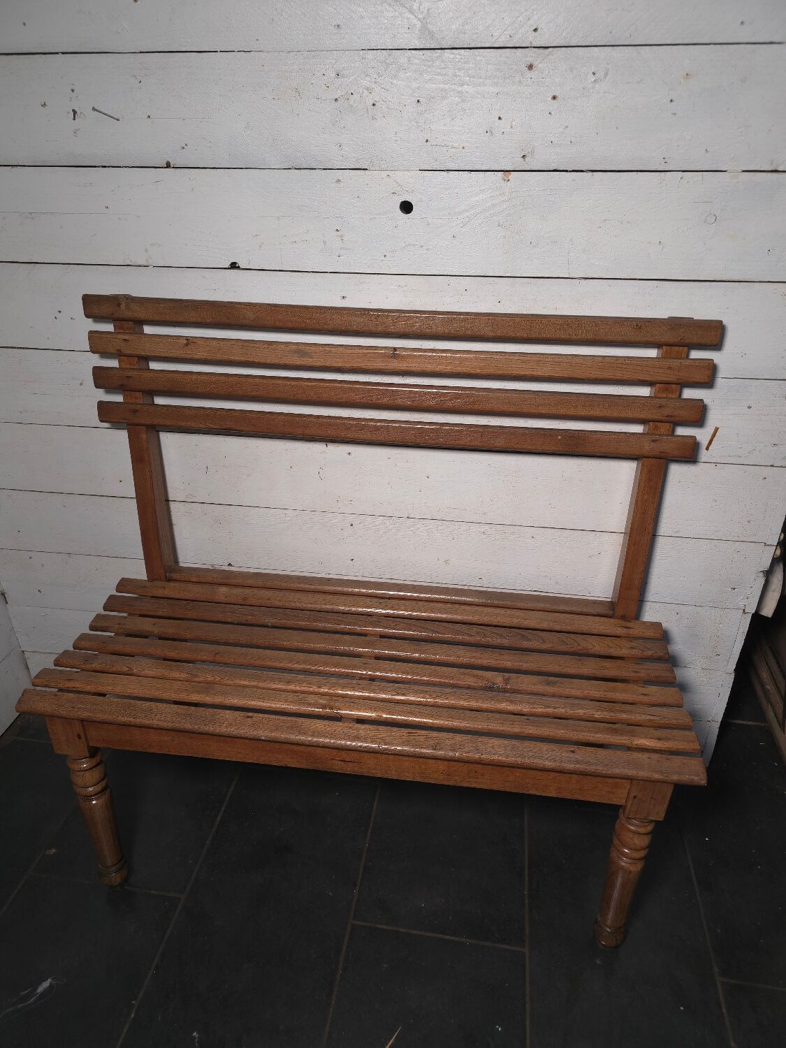 Solid oak workbench with slats signed by Edmond Magrez.