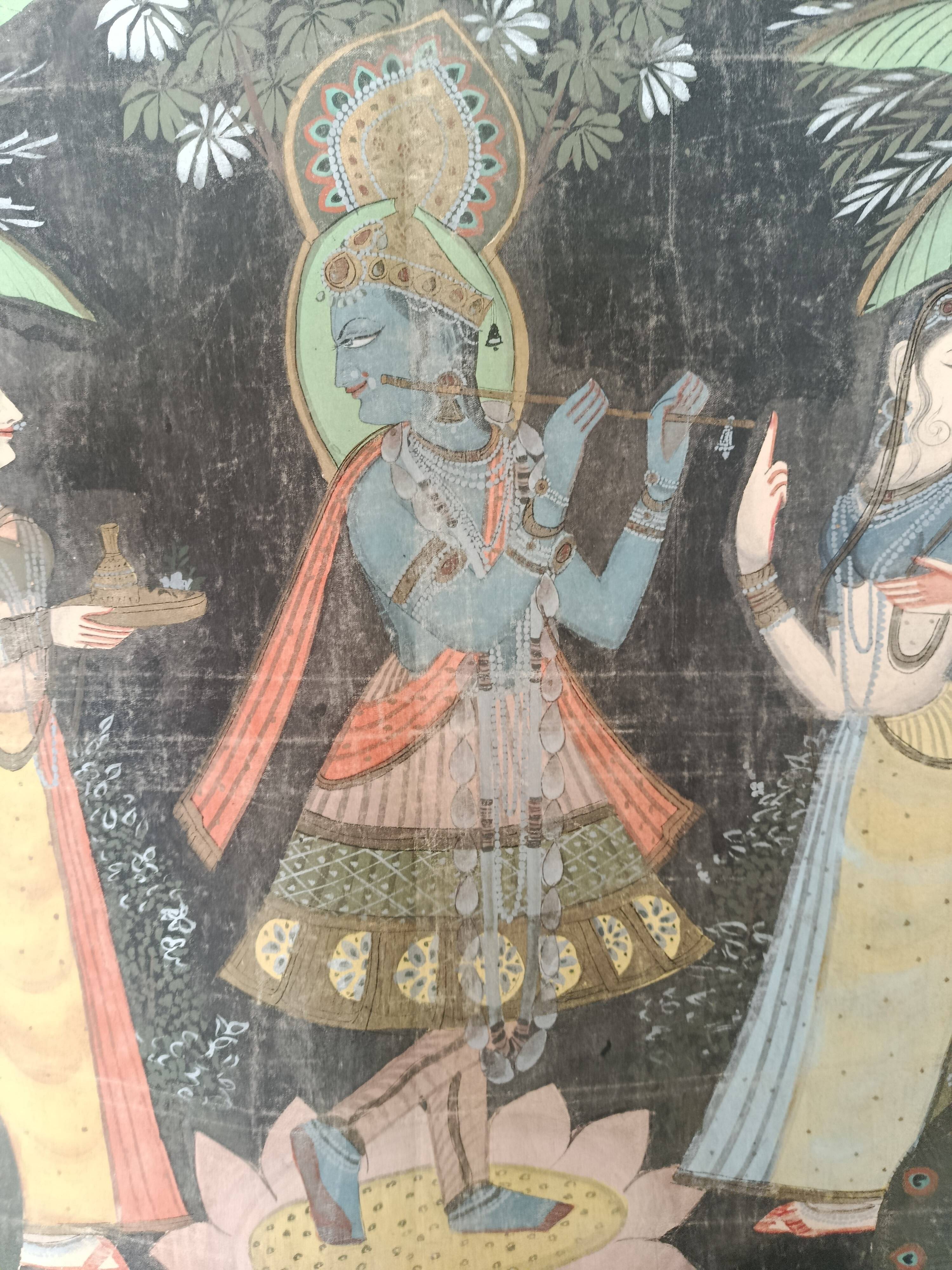 INDIA PICHWAI painting on silk KRISHNA RADHA GOPIS, Kanera Rajasthan mid 20th century