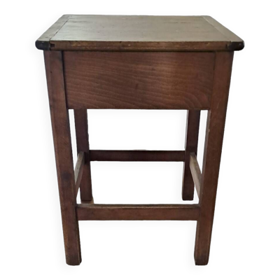 Tabouret bois marron teint 1940 avec casier meuble d'appoint décoration cuisine atelier véranda