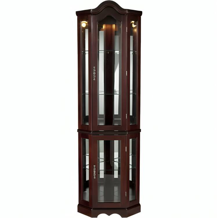 Corner Wine Cabinet with Glass Doors, Peach Blossom Wood Finish