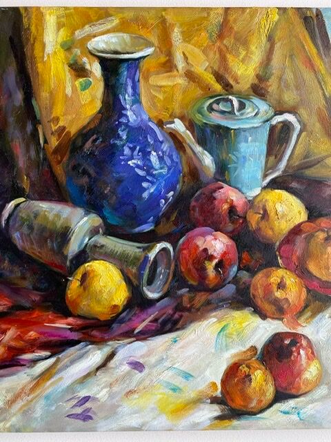 Ancient painting, still life with fruit, vase and teapot, signed, 20th century