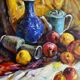 Ancient painting, still life with fruit, vase and teapot, signed, 20th century