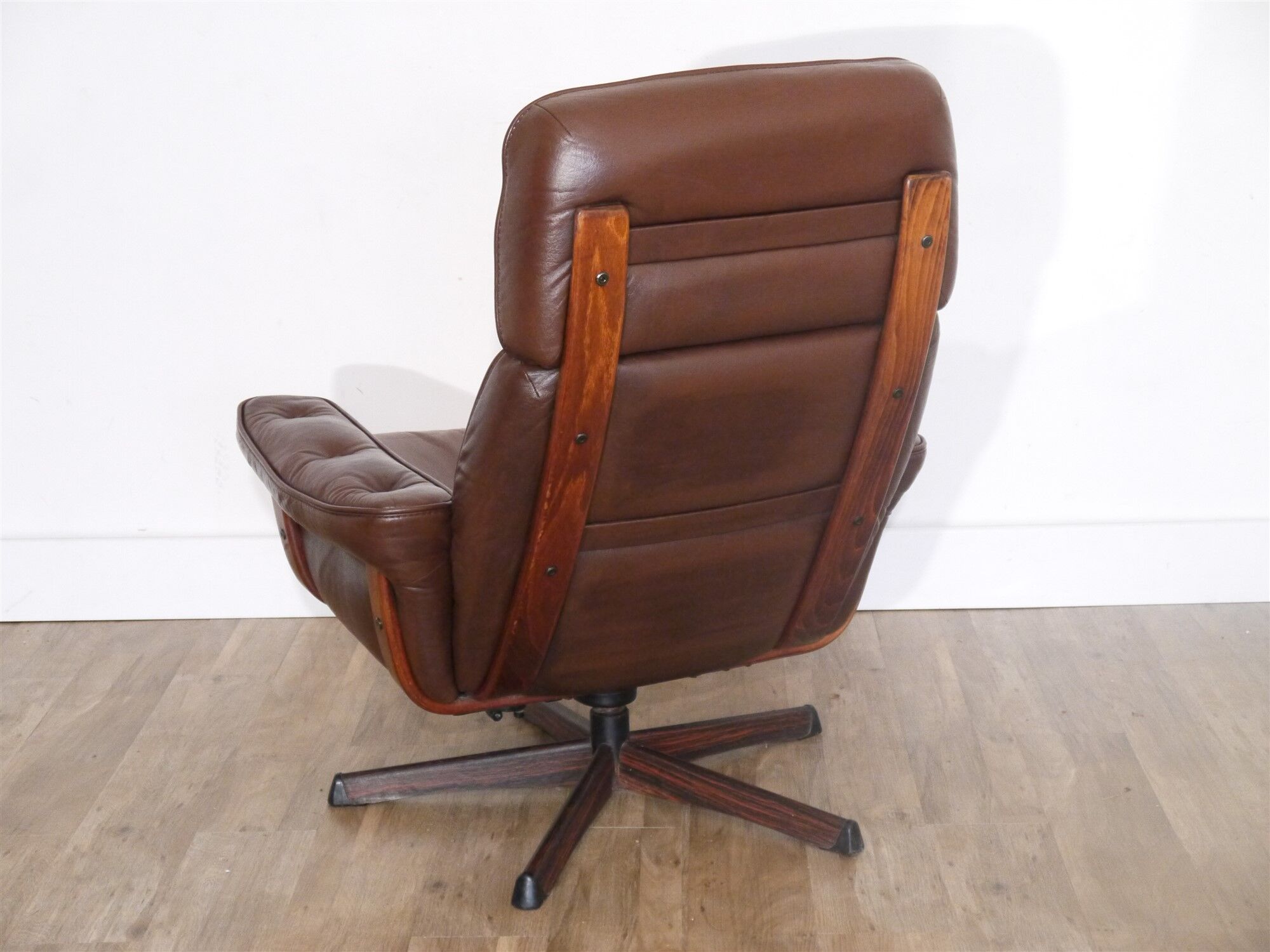 Armchair vintage Scandinavian lounge leather with ottoman 1970