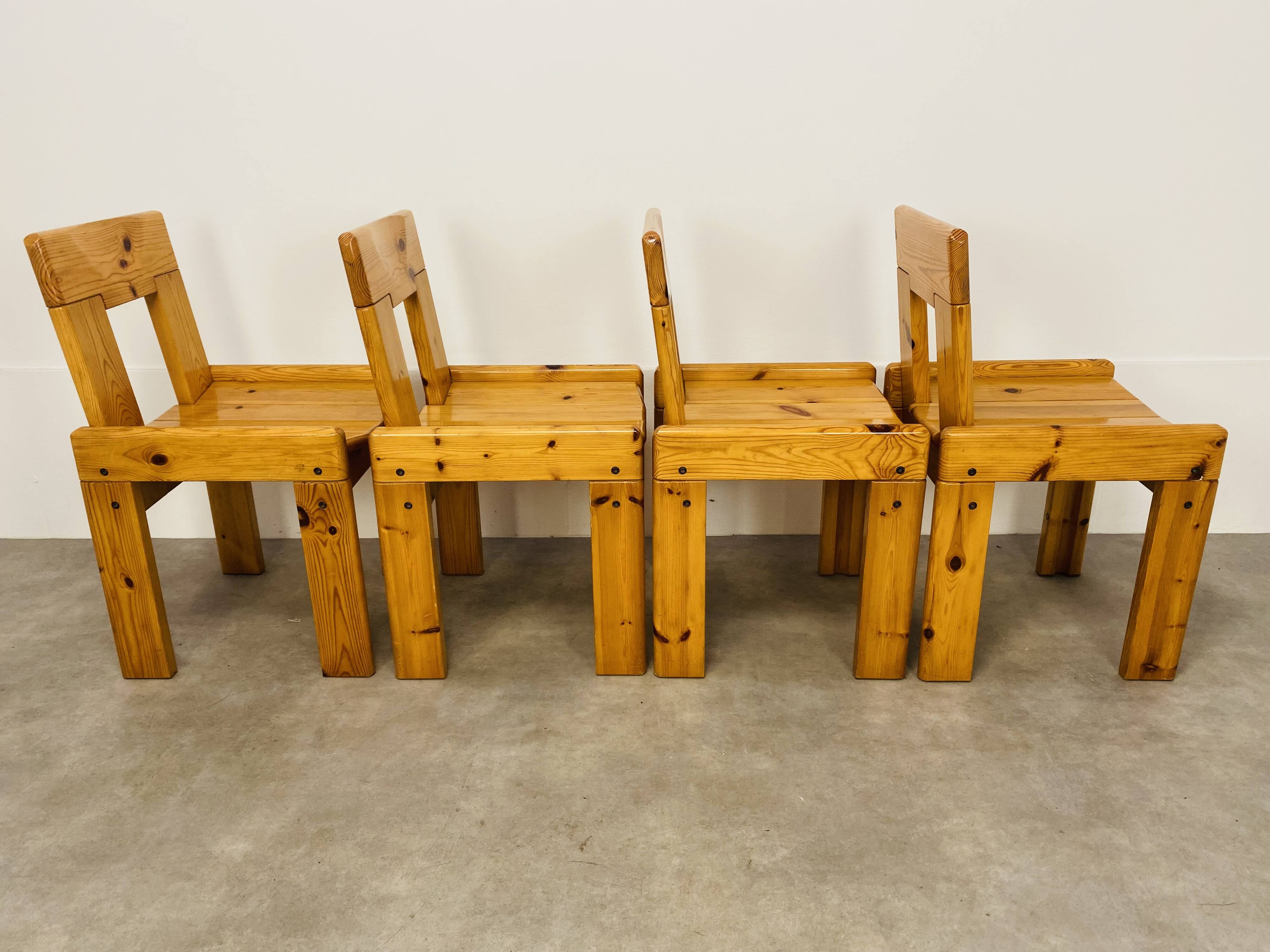 4 brutalist chairs by Silvio Coppola for Roche Bobois, solid pine