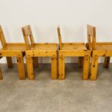 4 brutalist chairs by Silvio Coppola for Roche Bobois, solid pine