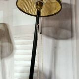 Mid-century tripod floor lamp with 3 lights and a yellow shelf.