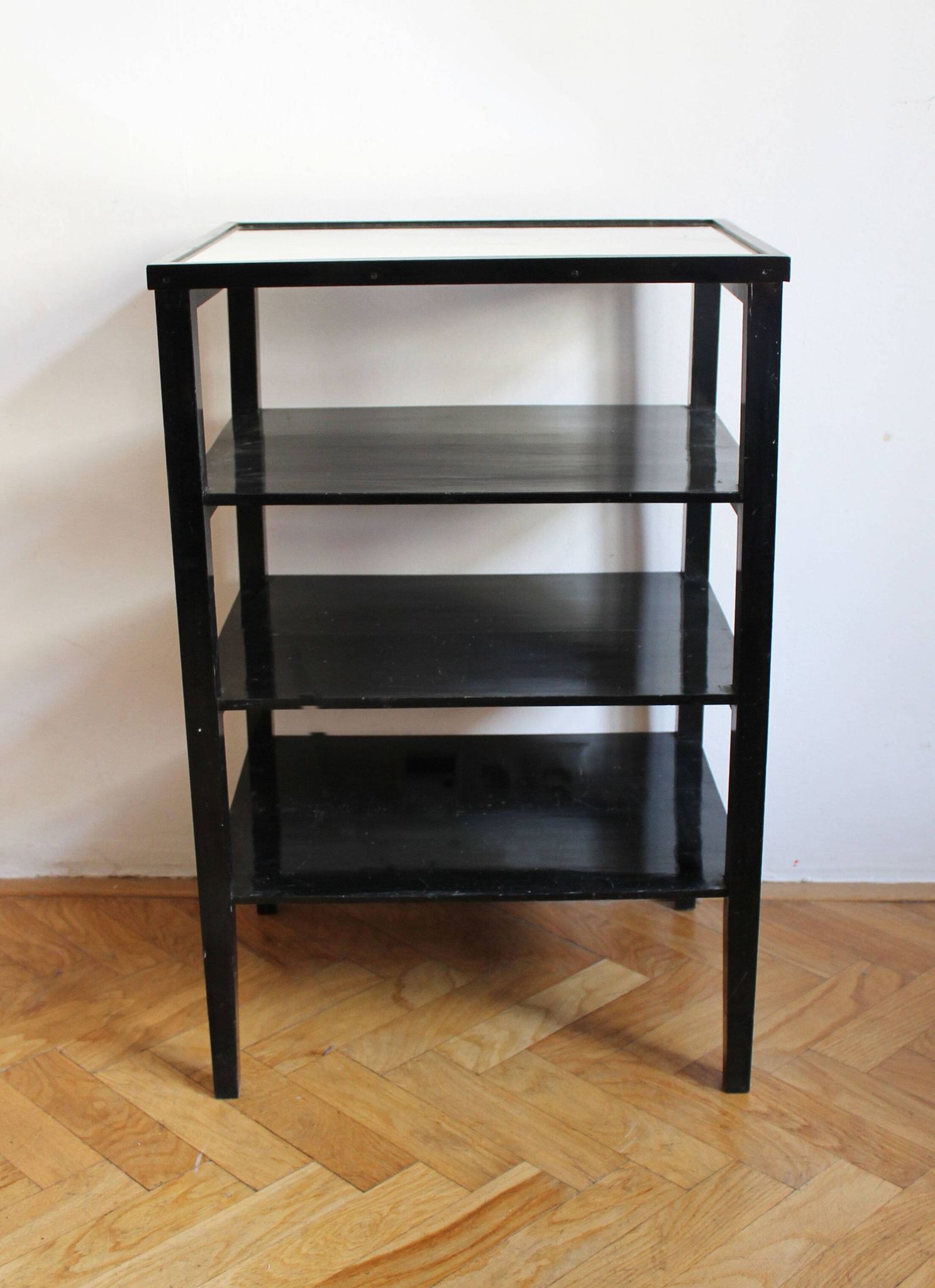 Late 1940s Czechoslovak Functionalist Étagère in Black Wood and Bevelled Gl