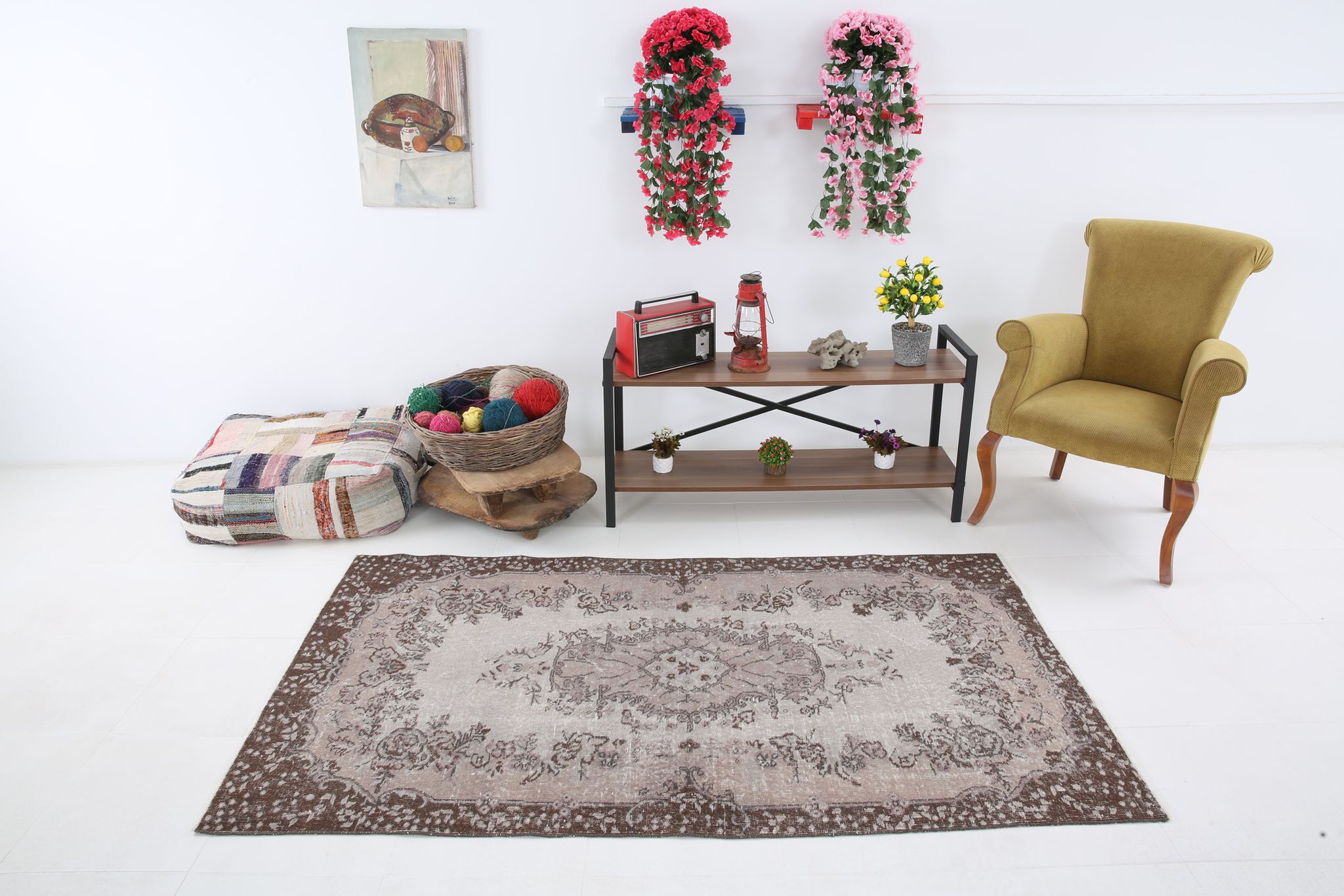 Brown floral turkish area rug, 208x115cm
