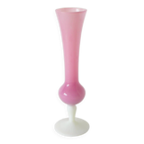 Single flower vase in opaline, pink with white feet, 1970.