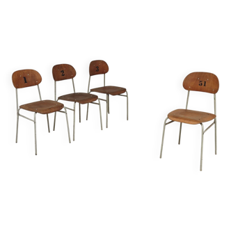 Set of 4 Czech school chairs in industrial style, 1960.