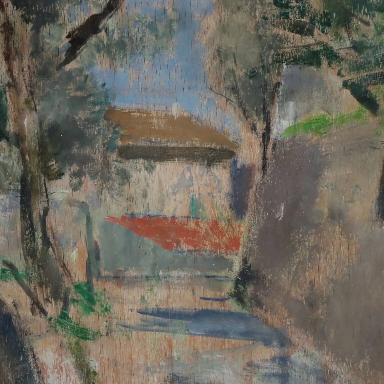 Modern painting signed Renzo Biasion, landscape of Garda, 1953.