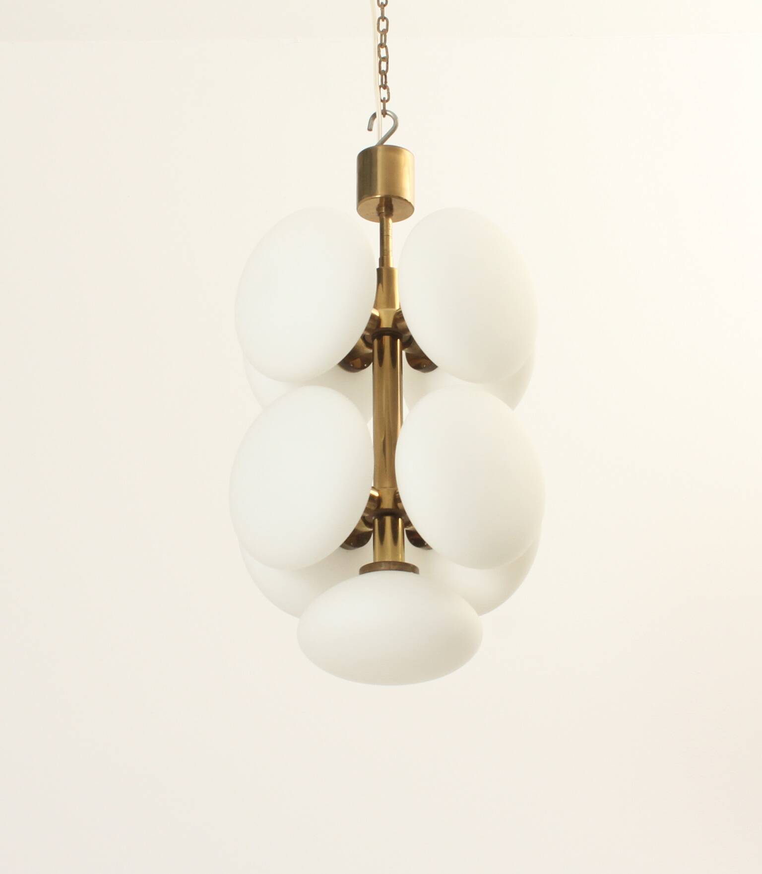 Brass and opaline Sputnik chandelier by Kaiser Leuchten, Germany, 1960s.