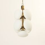 Brass and opaline Sputnik chandelier by Kaiser Leuchten, Germany, 1960s.