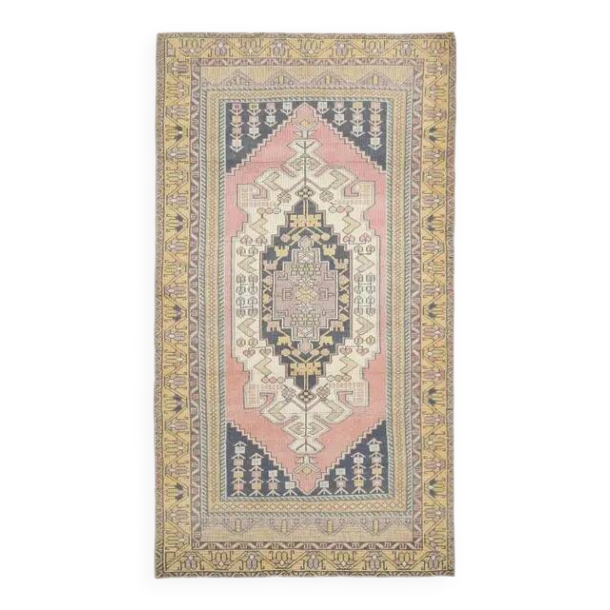 1970s Vintage Turkish Hand-Knotted Wool Cotton Pink Area Rug 124x226