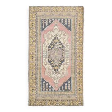 Tapis d'aire en laine et coton turc vintage des années 1970, noué à la main, 124x226.