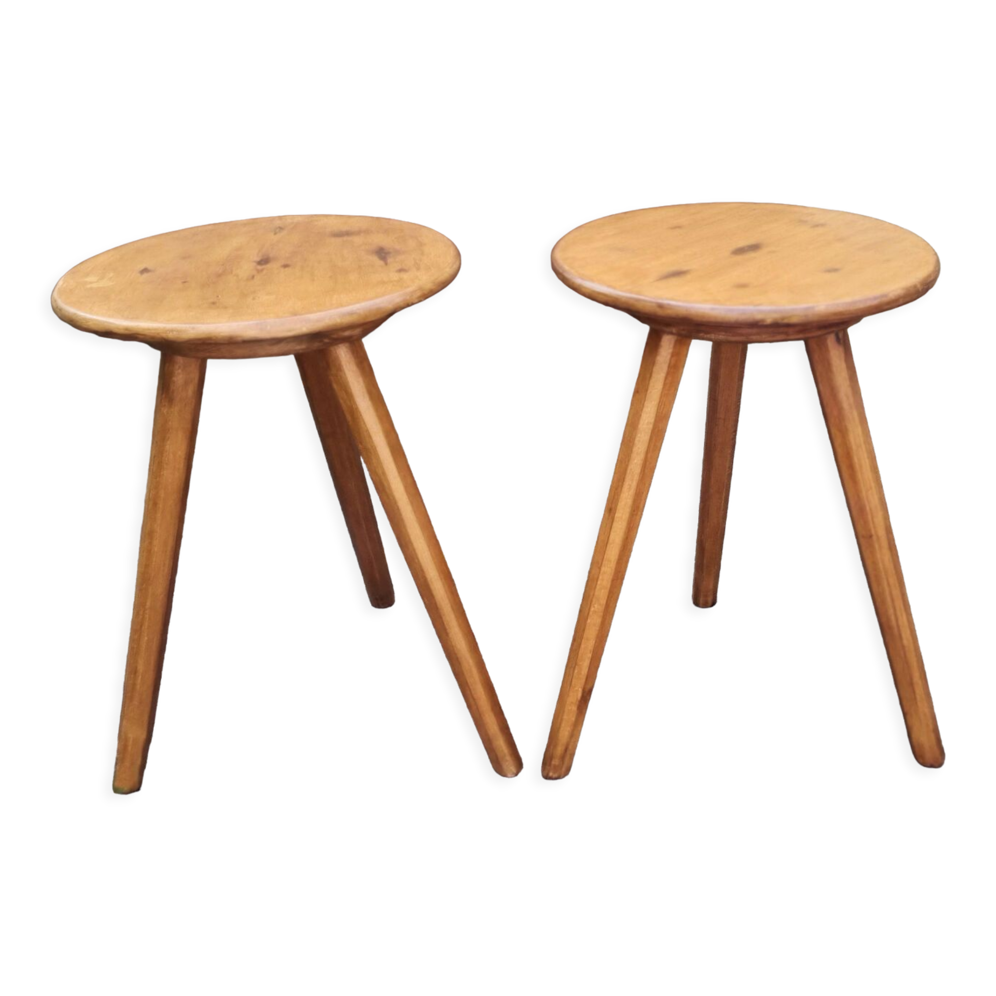 Pair of wooden tripod stools, tapered feet, vintage, 60s