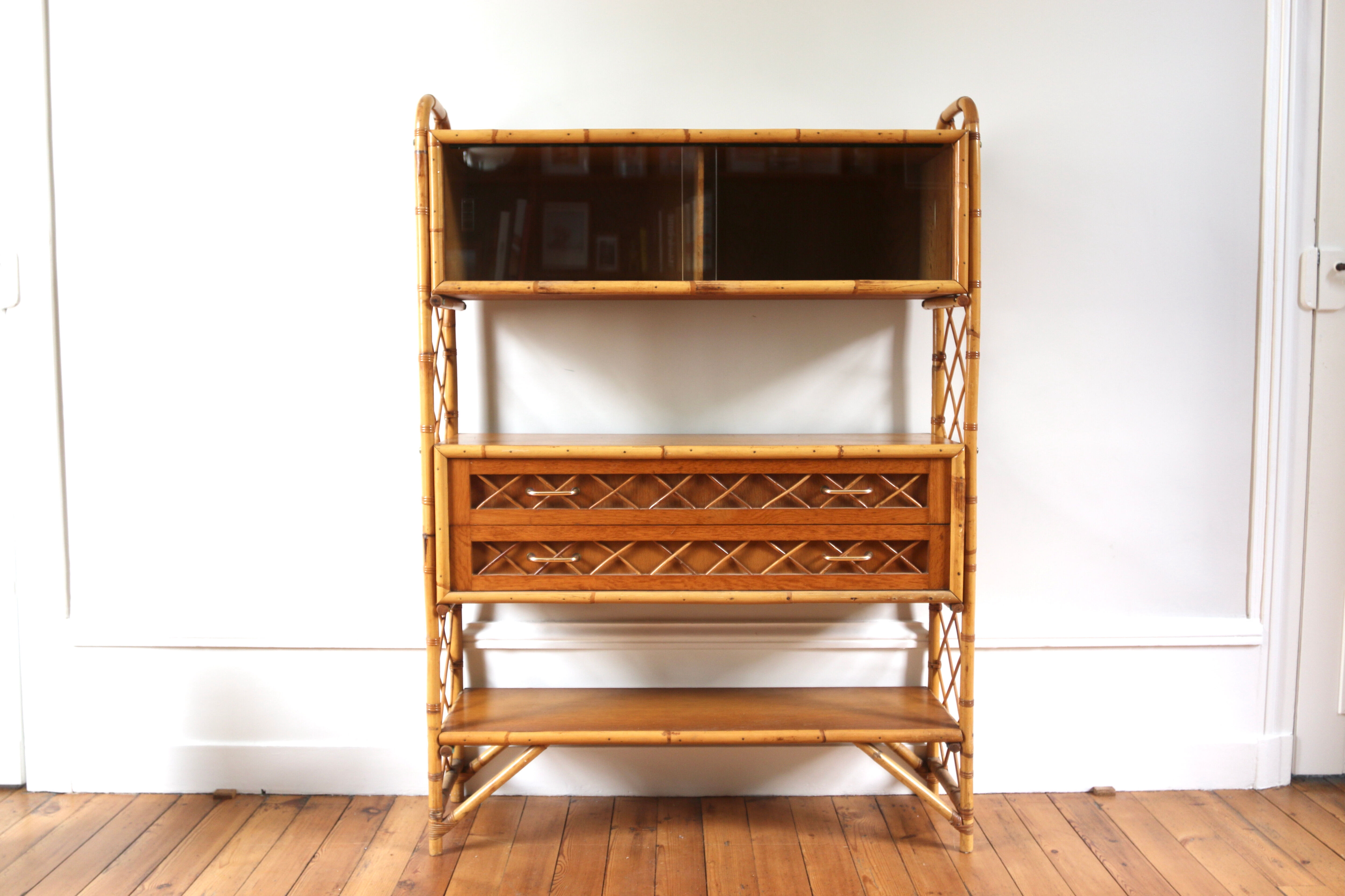 Vintage rattan bookcase Louis Sognot 60s