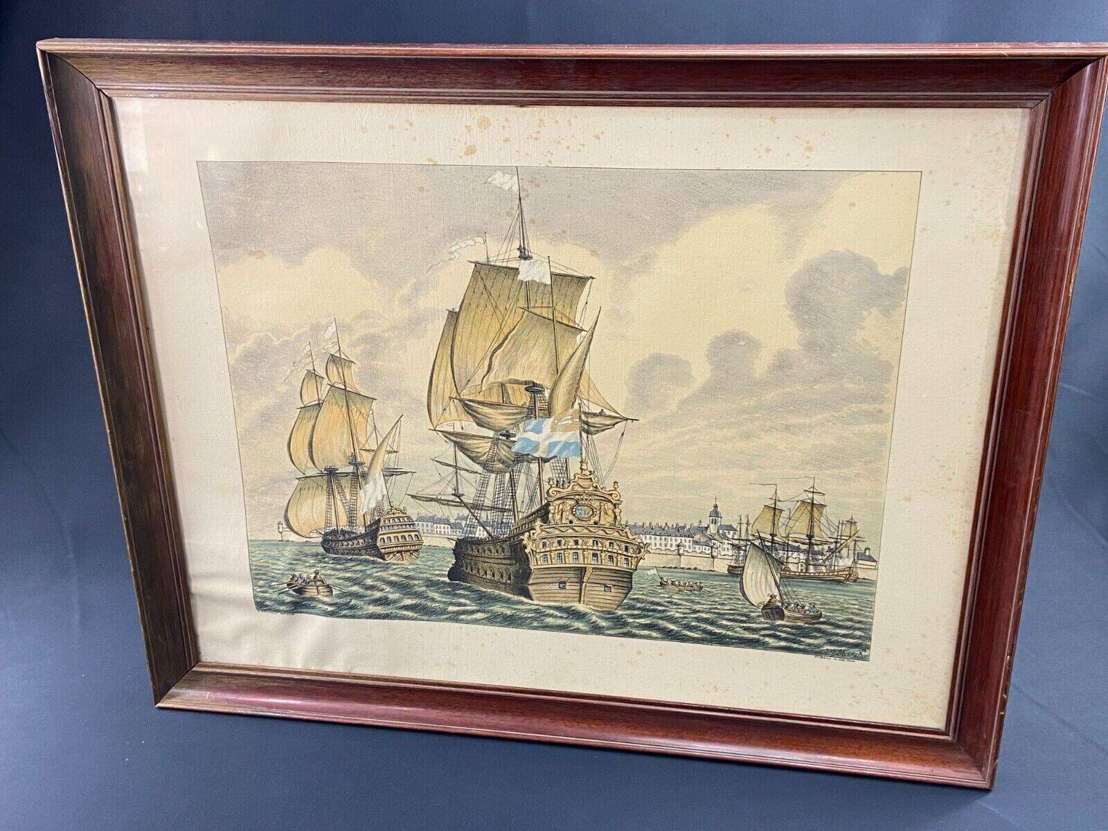 Lithograph view of Saint Malo 17th century with sailboats signed Daniel Derveaux