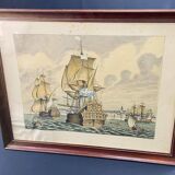 Lithograph view of Saint Malo 17th century with sailboats signed Daniel Derveaux