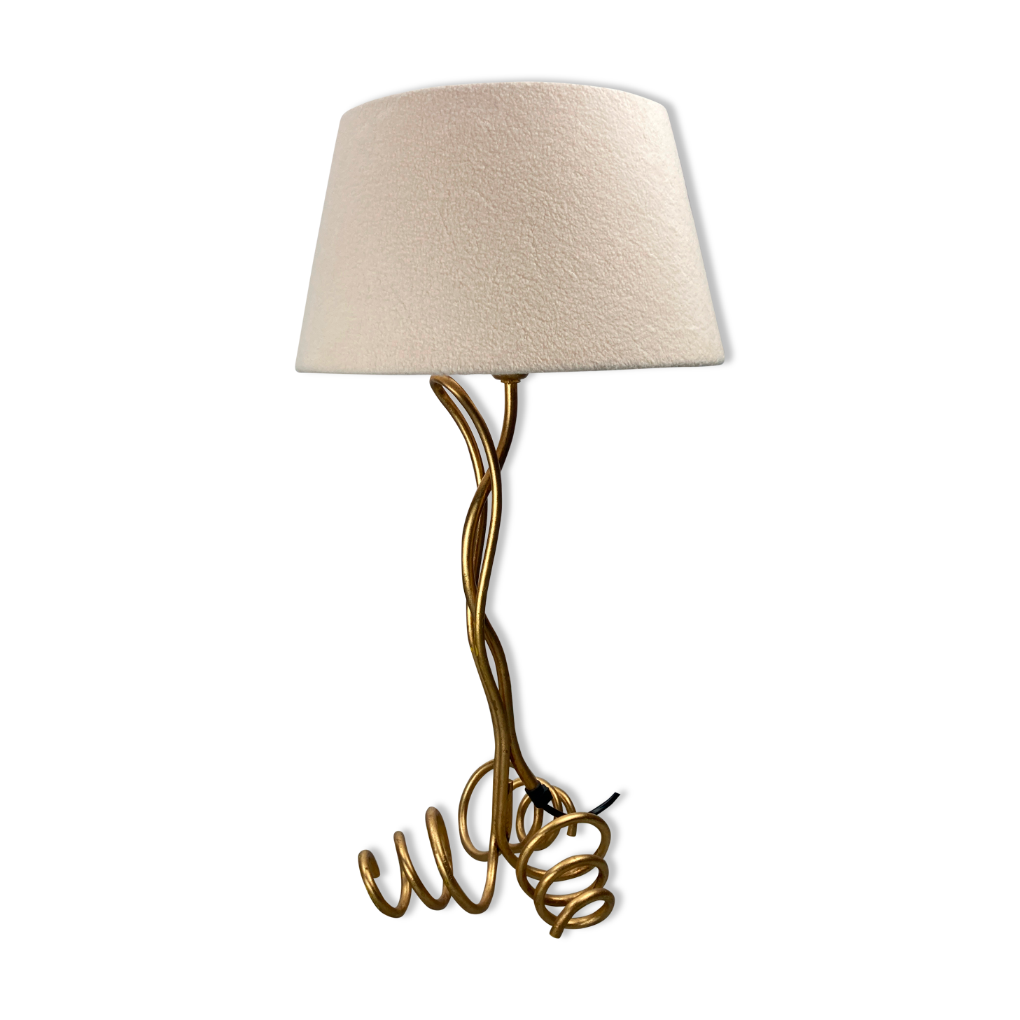 Vintage curly wavy free form label lamp, bouclé shade