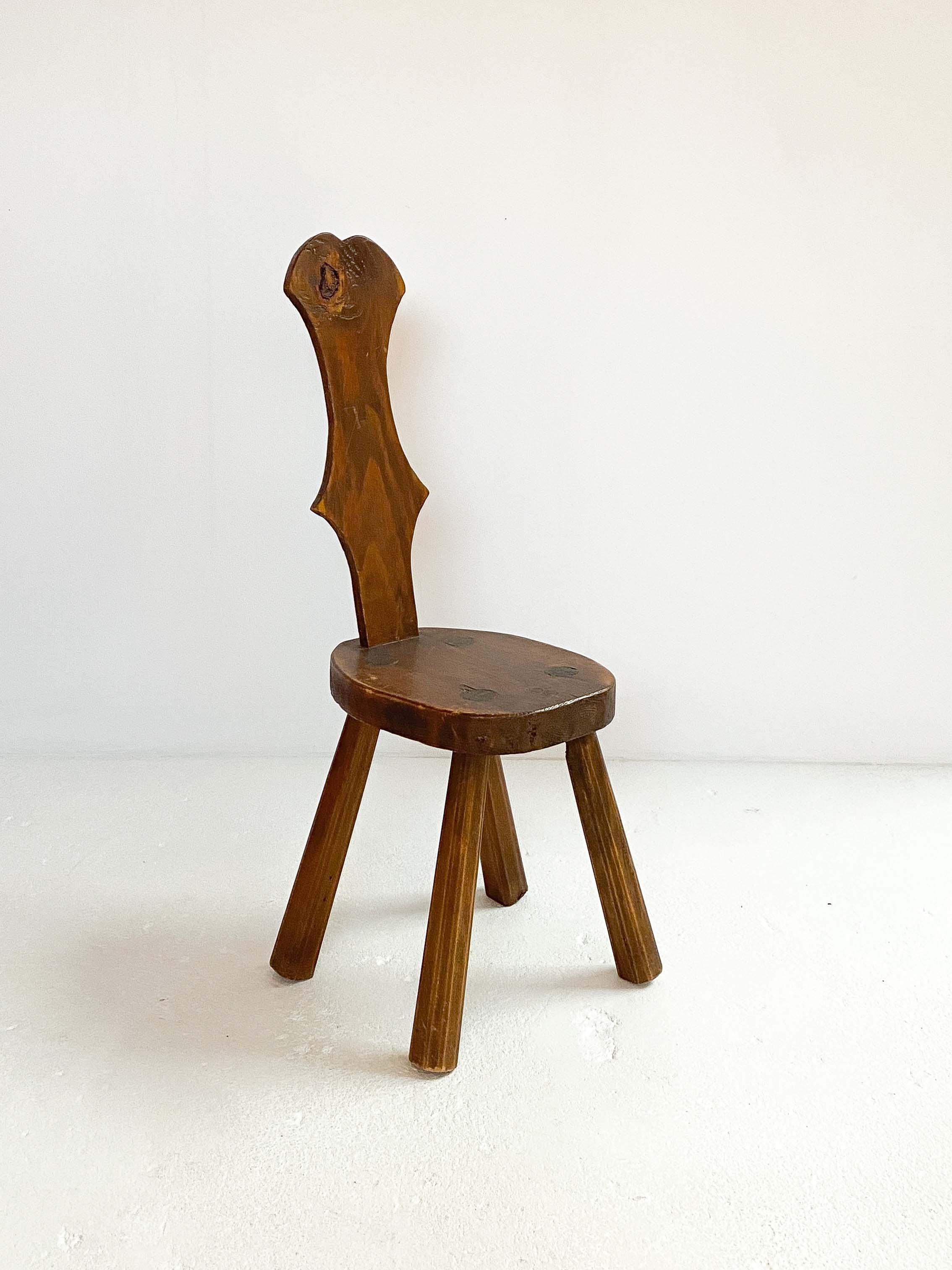 Brutalist pine side stool, mid-century, french