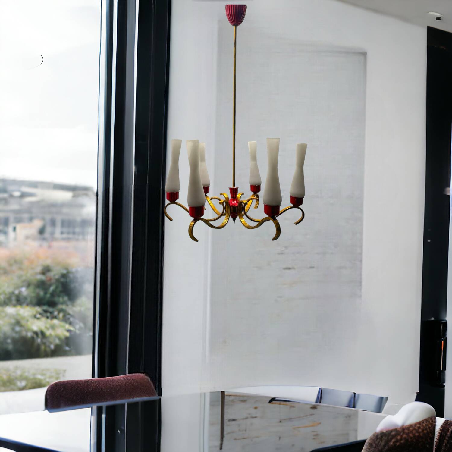 Vintage Opaline Glass Brass Chandelier 1950’s