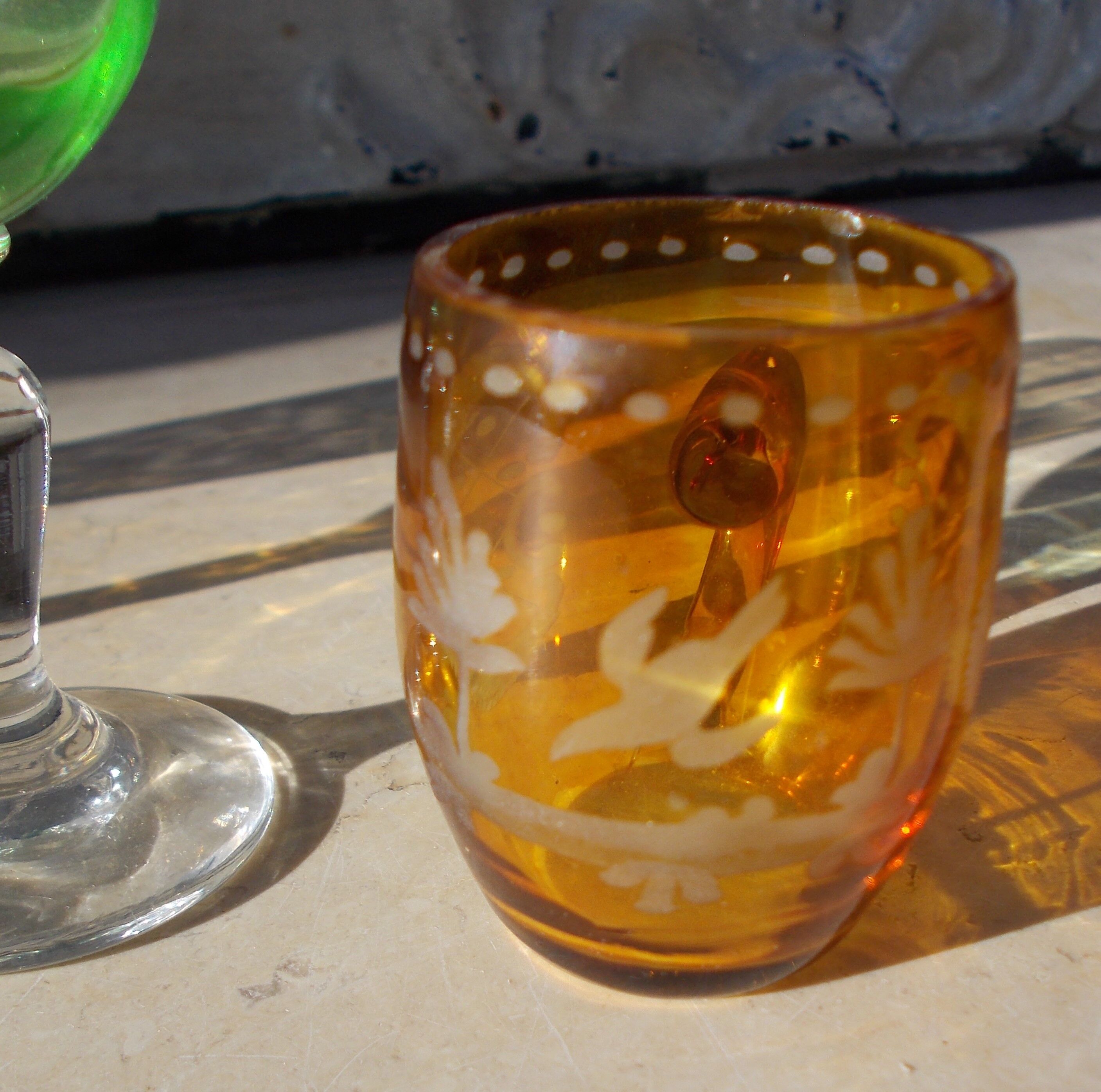 4 old enamelled liqueur glasses
