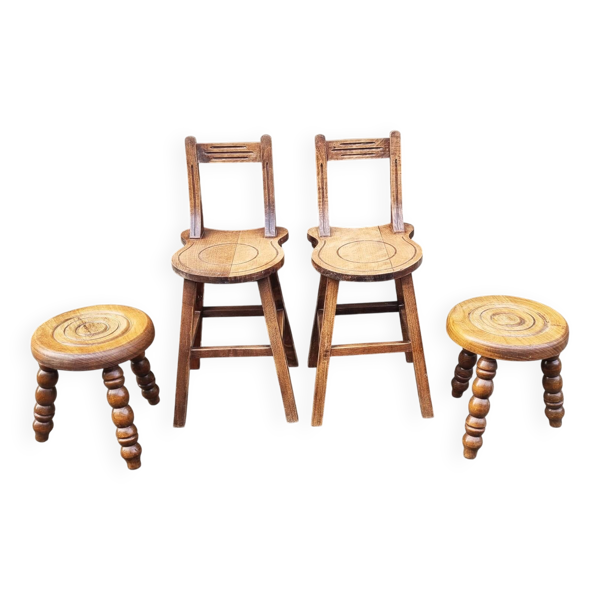 Ensemble de chaises et tabourets rustiques en chêne sculpté, 1950