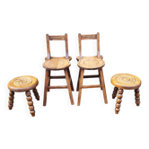 Set of rustic chairs and stools in carved oak, vintage, 1950s.