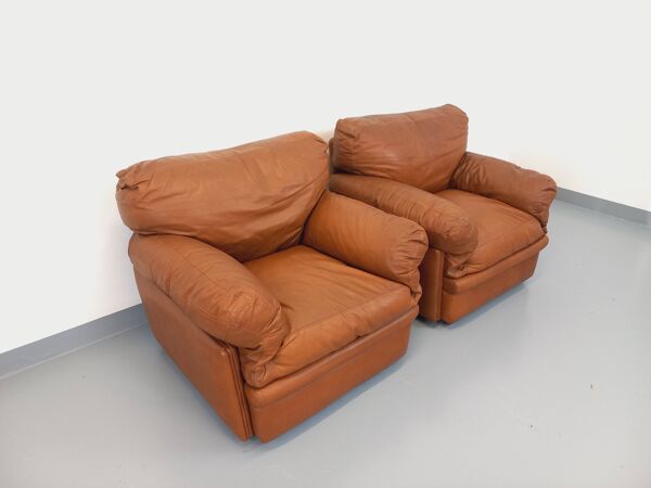 Paire de fauteuils lounge vintage Coquelicot de Tito Agnoli pour Poltrona Frau en cuir des années 70