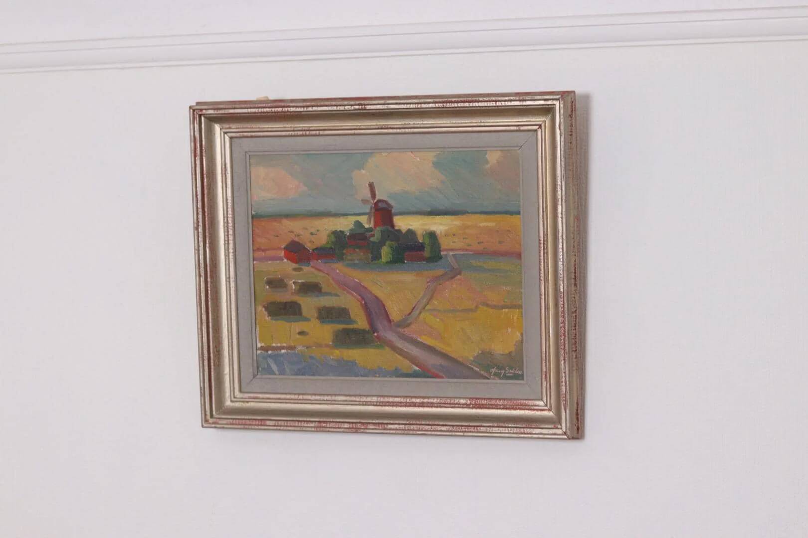 Huile sur toile originale suédoise – « Paysage avec moulin à vent » par Harry Sahlin