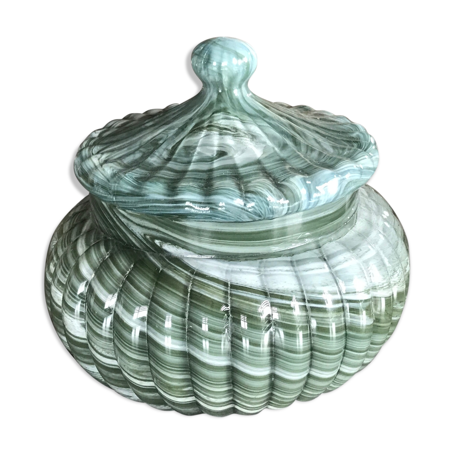 Old candy pot in glass molded effect green and white 12.5 cm