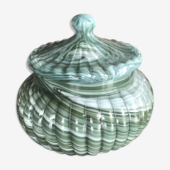 Bonbonnière ancien pot en verre moulé effet vert et blanc 12,5 cm