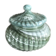 Old candy pot in glass molded effect green and white 12.5 cm