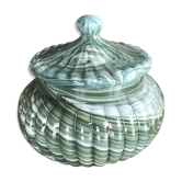 Old candy pot in glass molded effect green and white 12.5 cm