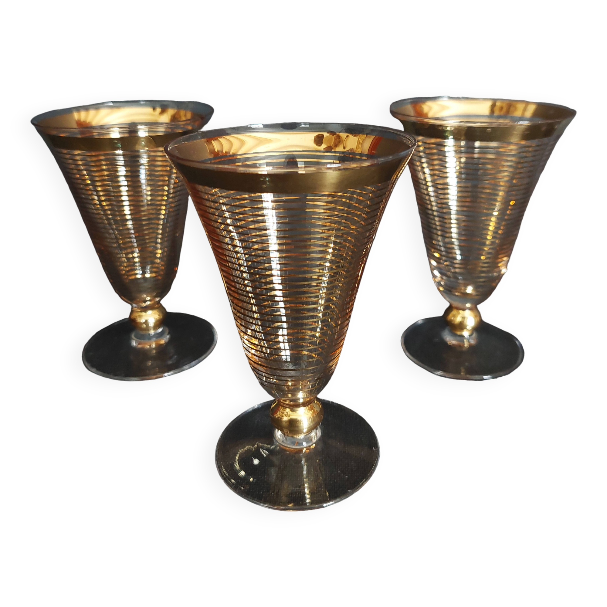 Série de trois verres cristallerie de Hartzviller rayures dorées années 50 60